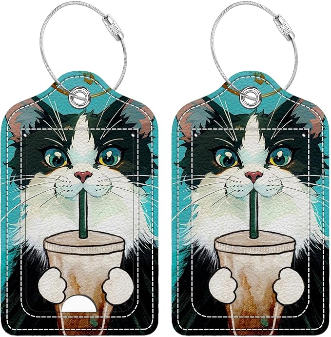 Funny PU Leather Luggage Tags 2-Pack Cat Drinking Coffee Cute Pattern Suitable for Suitcase Stainless Steel Loop and Address Card Essential for Cruise and Airport Travel for Men and Women