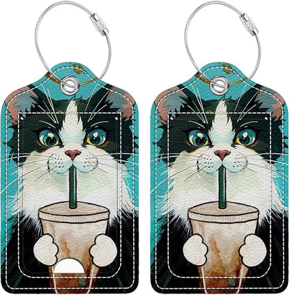 Funny PU Leather Luggage Tags 2-Pack Cat Drinking Coffee Cute Pattern Suitable for Suitcase Stainless Steel Loop and Address Card Essential for Cruise and Airport Travel for Men and Women