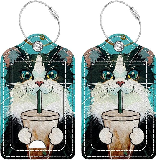 Funny PU Leather Luggage Tags 2-Pack Cat Drinking Coffee Cute Pattern Suitable for Suitcase Stainless Steel Loop and Address Card Essential for Cruise and Airport Travel for Men and Women
