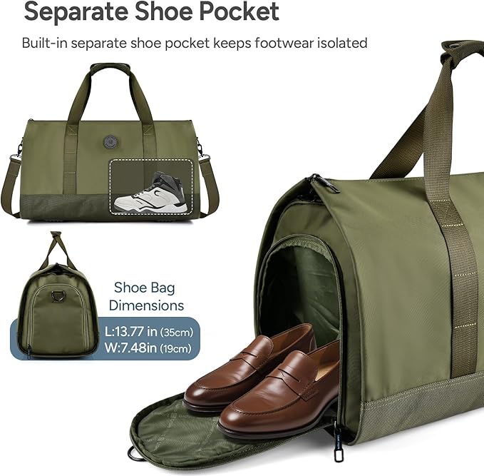 travel inspira Convertible Garment Bag 2 in 1 Carry On Garment Duffle Weekender 45L with Extended Shoe Compartment, Waterproof Nylon, Hanging Hook for Travel Business Men, Army Green