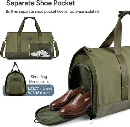 travel inspira Convertible Garment Bag 2 in 1 Carry On Garment Duffle Weekender 45L with Extended Shoe Compartment, Waterproof Nylon, Hanging Hook for Travel Business Men, Army Green
