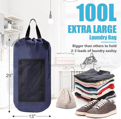 Portable with Adjustable Shoulder Straps Travel Dirty Laundry Bag,with Drawstring Closure & Mesh Pocket Backpack Laundry Bag for College,Apartment,Camping(Dark Blue)