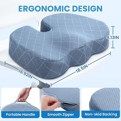 TushGuard Office/Car Seat Cushion, Non-Slip Sciatica & Back Coccyx Tailbone Pain Relief Chair Pad, Memory Foam Butt Pillow for Computer Desk, Wheelchair, Driving (Light Blue, XX-Large)