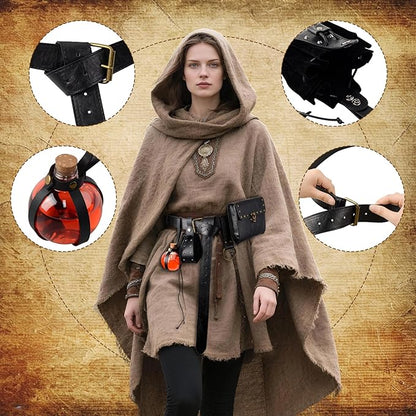 Renaissance Belt Pouch Viking Leather Medieval Belt Waist Bag Pirate Cosplay Festival Halloween Adjustable Accessories (Pouch-Black)