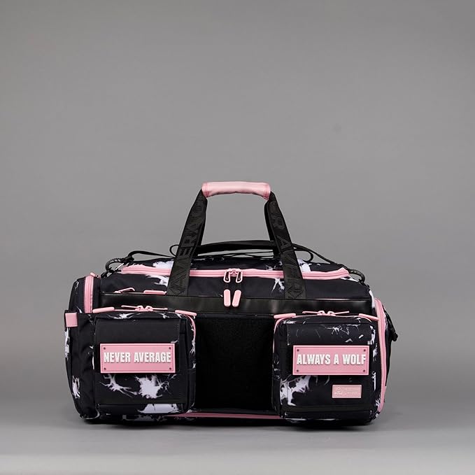 WOLFpak Ultimate 40L Gym & Travel Duffle Bag | Heavy-Duty Gear Bag w/Durable Waterproof 1000D Oxford Material | Hard Shell Base, Laptop Sleeve, Custom Patch Options | (Black Lightning Knockout Pink)