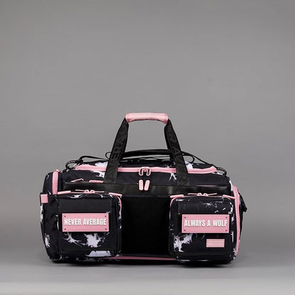 WOLFpak Ultimate 40L Gym & Travel Duffle Bag | Heavy-Duty Gear Bag w/Durable Waterproof 1000D Oxford Material | Hard Shell Base, Laptop Sleeve, Custom Patch Options | (Black Lightning Knockout Pink)