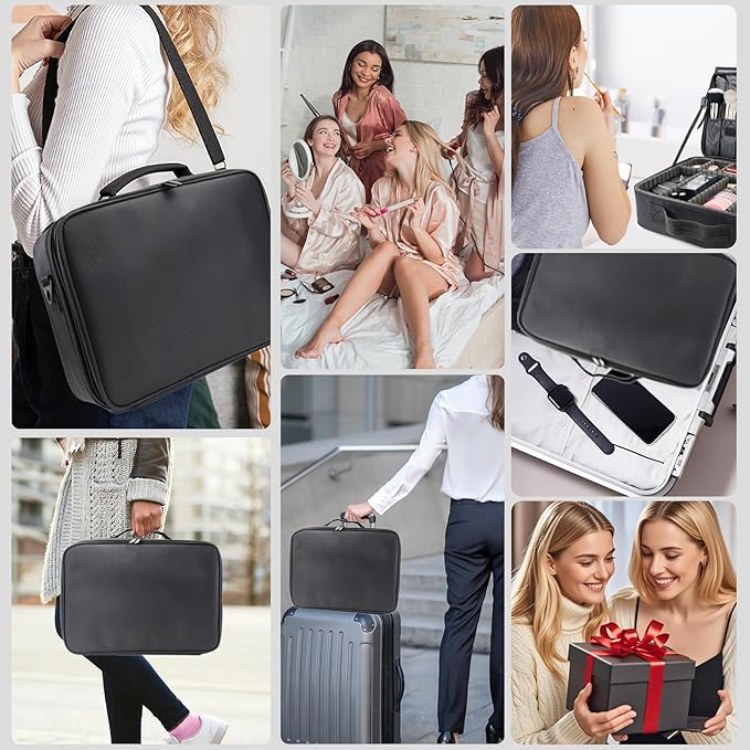 Travel Makeup Train Case Cosmetic Case Organizer Portable Artist Storage Bag with Adjustable Dividers for Cosmetics Makeup Brushes Toiletry Jewelry Digital Accessories（black,L）