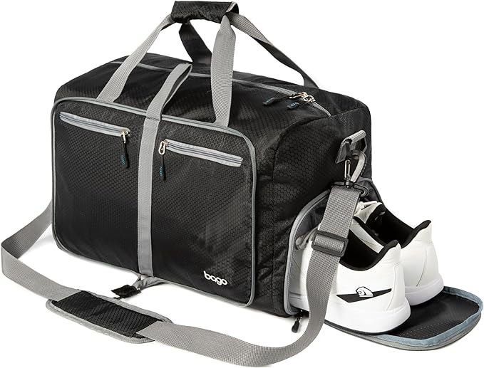 Bago Foldable Duffel Bags for Traveling Women & Men - 60L Medium Packable Duffle Bag for Travel with Shoe Compartment - Water Repellant, Heavy Duty, Lightweight Folding & Collapsible (Black)