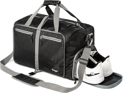 Bago Foldable Duffel Bags for Traveling Women & Men - 60L Medium Packable Duffle Bag for Travel with Shoe Compartment - Water Repellant, Heavy Duty, Lightweight Folding & Collapsible (Black)