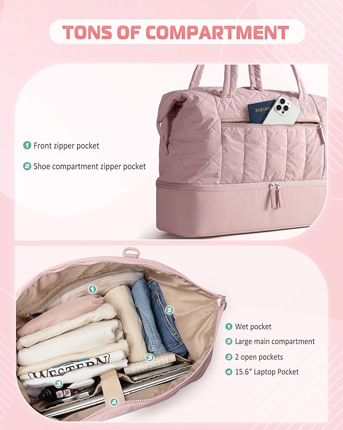 Quilted Duffle Bag with Shoe Compartment and Wet Pocket, Weekender Duffel Bag With Laptop Sleeve and a Separate Pouch for Travel, Gym, Hospital Labor Delivery, Pink