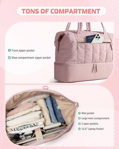 Quilted Duffle Bag with Shoe Compartment and Wet Pocket, Weekender Duffel Bag With Laptop Sleeve and a Separate Pouch for Travel, Gym, Hospital Labor Delivery, Pink