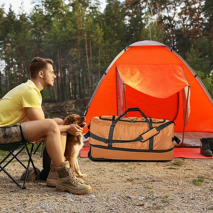 Vomgomfom 32" Soft-Sided Foldable Wheeled Travel Duffel Bag,Expandable 110L to 140L Rolling Cargo Bag with 2 Wheels and Multiple Pockets,Brown