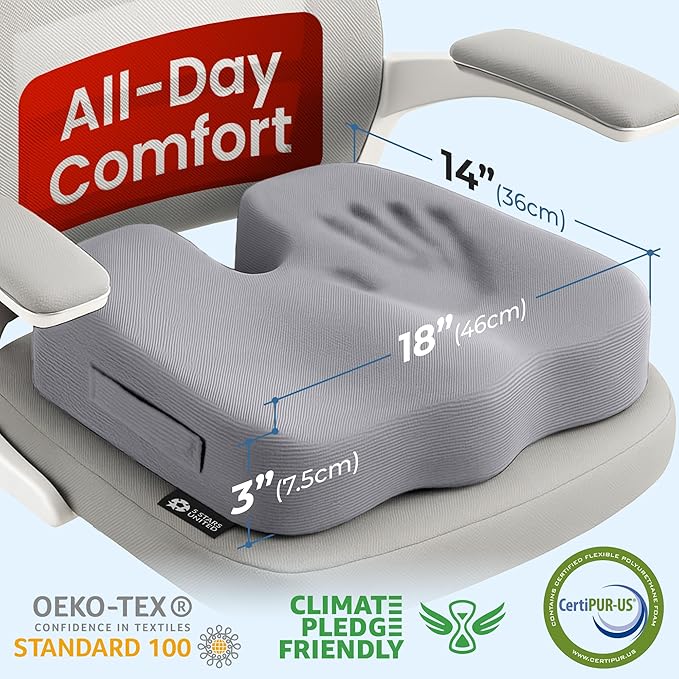 5 STARS UNITED Seat Cushion for Tailbone Pain Relief – Memory Foam Cushion for Coccyx, Hip, Hemorrhoid, Sciatica & Post-Surgery Recovery – Wheelchair, Car, Desk, Gaming & Office Chairs, L Gray
