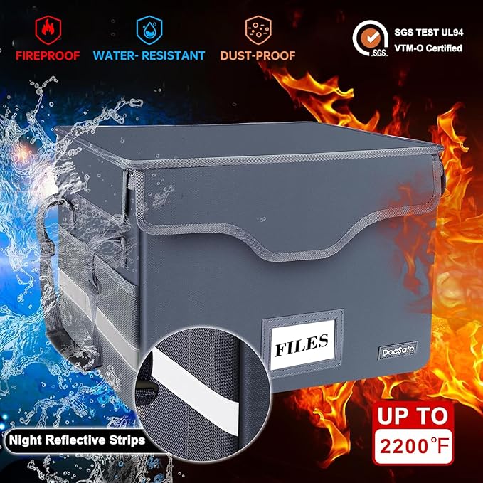 DocSafe Fireproof Document Box with Lock,File Storage Organizer with Zipper Pockets,Collapsible Portable File Box Home Office Safe Filing Cabinet with Handle for Hanging Letter/Legal Folders,Gray