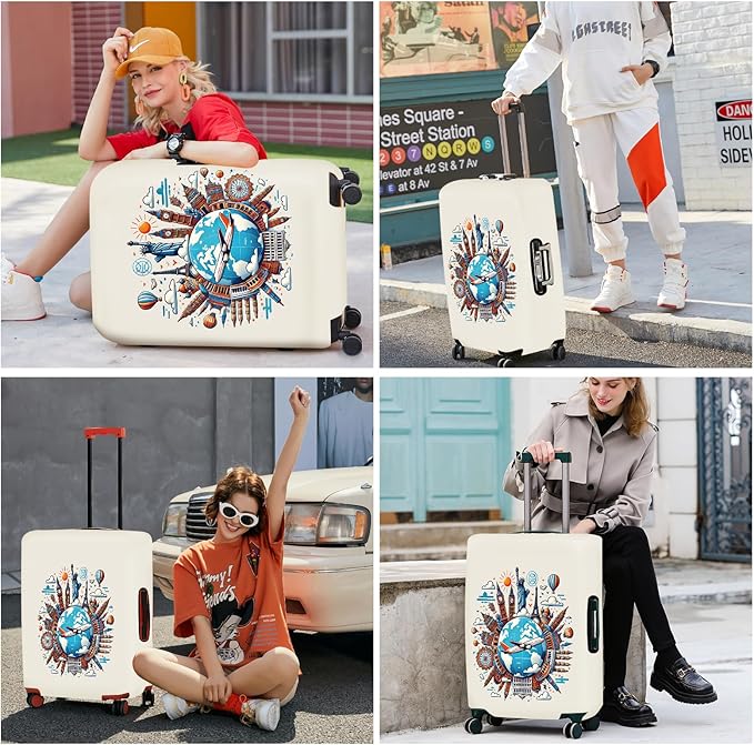ANNA QUEEN Travel Around the World Luggage Cover, Colorful Landmark Suitcase Protector with Airplane & Globe Design, Stretchable, Washable Travel Sleeve for 24-26 Inch Luggage