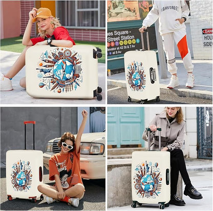 ANNA QUEEN Travel Around the World Luggage Cover, Colorful Landmark Suitcase Protector with Airplane & Globe Design, Stretchable, Washable Travel Sleeve for 24-26 Inch Luggage