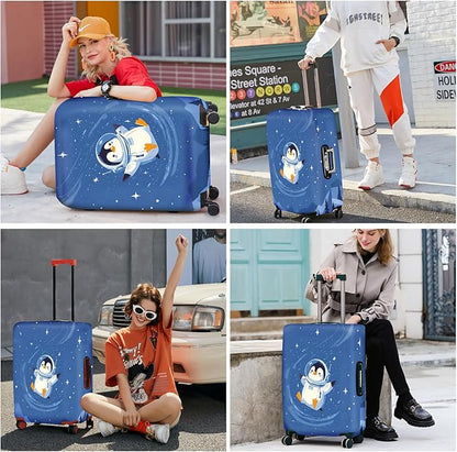 ANNA QUEEN Astronaut Penguin Luggage Cover, Cute Space Penguin Design Suitcase Protector, Washable Stretchable Travel Sleeve for 20-22 Inch Luggage
