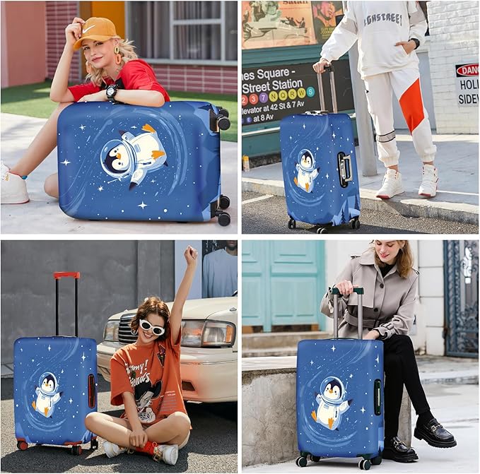 ANNA QUEEN Astronaut Penguin Luggage Cover, Cute Space Penguin Design Suitcase Protector, Washable Stretchable Travel Sleeve for 32-34 Inch Luggage