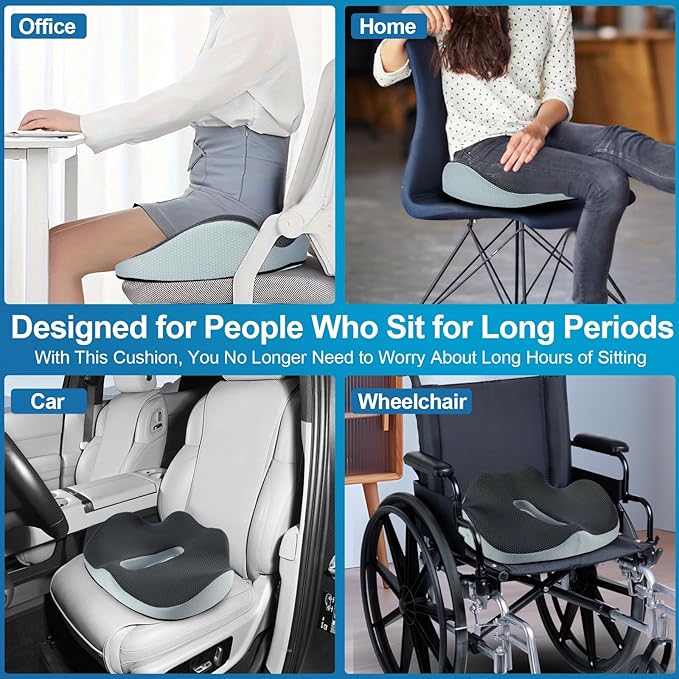 PilloVive Memory Foam Seat Cushion for Office Chairs & Car Seat - Ergonomic Office Desk Seat Cushion- Doctor Recommended for Tailbone & Sciatica Pain Relief & Back Support(Grey/White)