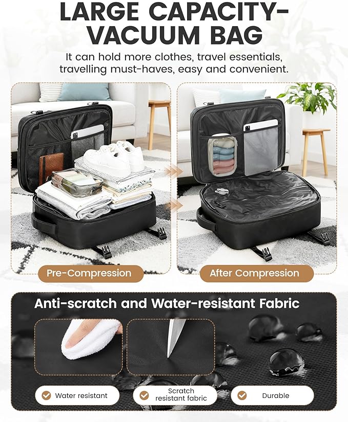 Travel Vacuum Backpack with Garment Bag, Large 18×14×8 Suit Carry on Bags Flight Approved, Personal Item Luggage with Vacuum System, Carry On Suit Luggage for Men Women, Black