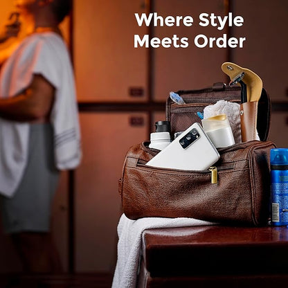 Mens Toiletry Bag with Razor Case Included – Reinforced Stitching, Padded Panels, Holds Shape Trip After Trip, Ideal for Tight Hotel Sinks with Hook, Built for Men Who Travel Hard – DARK BROWN