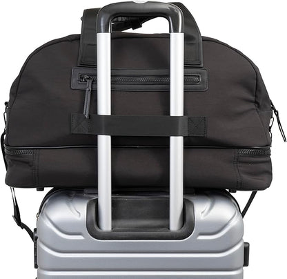 Joan & David 22" Drop Bottom Travel Weekender Overnight Gym Duffel Bag, Includes Front Zip Pocket, Interior Mesh Zip, Detachable Pouch with TSA Approved Bottles (Black)