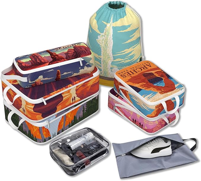 Compression Packing Cubes for Travel, 8 Set National Park Luggage Organizers, Waterproof Expandable/Compression Bags Travel Packing Cubes with Clear Toiletry Bag and Shoe Bag