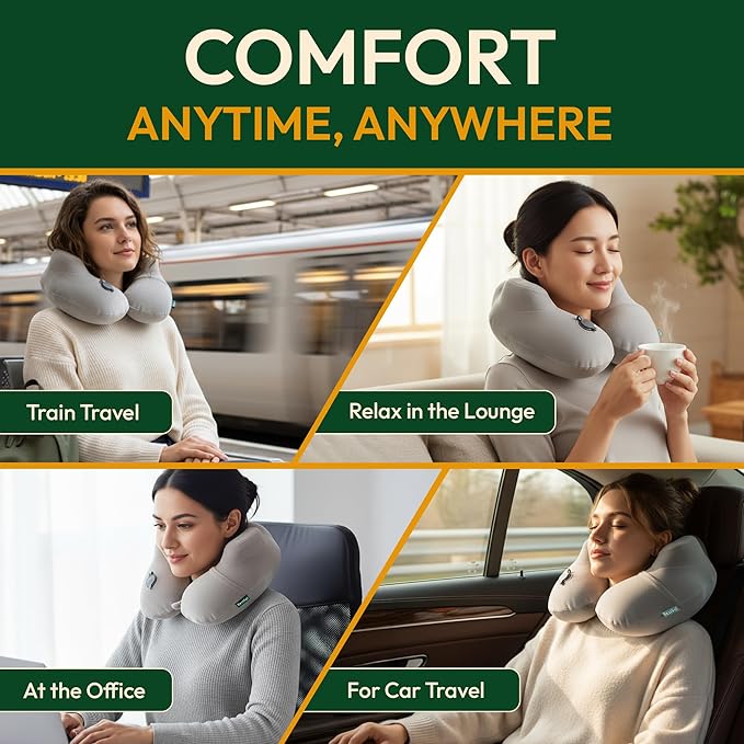 Adjustable Memory Foam Sides Inflatable Travel Neck Pillow | Super Soft, Compact & Portable Neck Support Pillow (Light Gray, Standard)