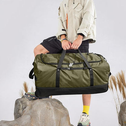 32” 1680D Oxford Foldable Duffle Bag with 2 Wheels,110L to 140L Expandable Soft Sided Rolling Travel Bag,Army Green