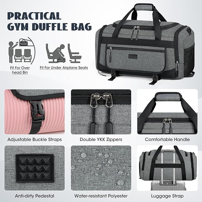 IGOLUMON Gym Bag for Men 40L Sports Duffel Bags Gym Duffle Bag Women with Shoe Compartment & Wet Pocket Water Resistant Travel Duffel Bag Lightweight Weekender Overnight Bag Gray
