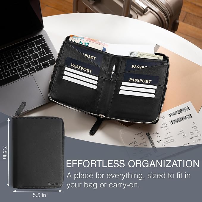 Full Grain Leather Family Passport Holder for 4 Passports - RFID Passport Holder and Travel Document Organizer - Large Leather Travel Wallet for Families - Black