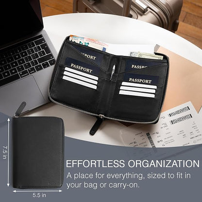 Full Grain Leather Family Passport Holder for 4 Passports - RFID Passport Holder and Travel Document Organizer - Large Leather Travel Wallet for Families - Black