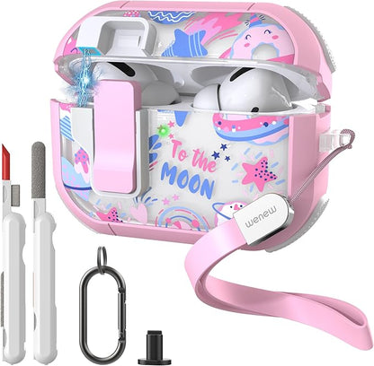 WENEW Case for AirPods Pro & Pro 2 Case Cover Secure Lock Snap Switch Clip Cleaner Kit Lanyard Women Stylish Universe Moon Full Body Hard Shell Front LED Visible (Pink Universe, AirPods Pro & Pro 2)