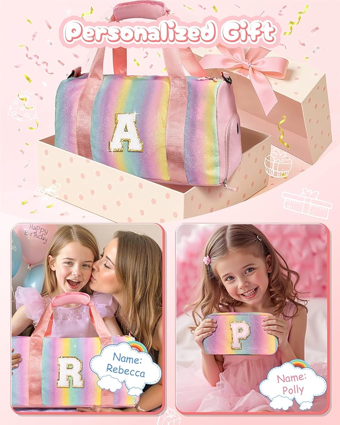 Gifts for 3 4 5 6 7 8 9 Year Old Girls-Girl Gym Bag with Shoe Compartment, Kid Personalized Weekender Overnight Bags, Initial Travel Tote with Makeup Pouch, Easter Gift for Teen (Letter C)