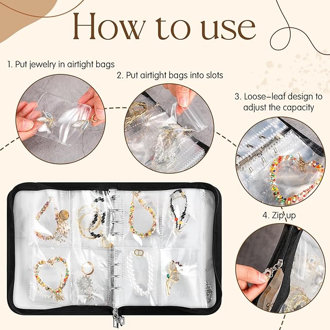 6 Sets Transparent Jewelry Storage Book Travel Jewelry Organizer Earring Organizer Case Bracelet Holder for Necklace Earrings Ring Holder with Clear Zippered Pouch Anti Tarnish Pouches