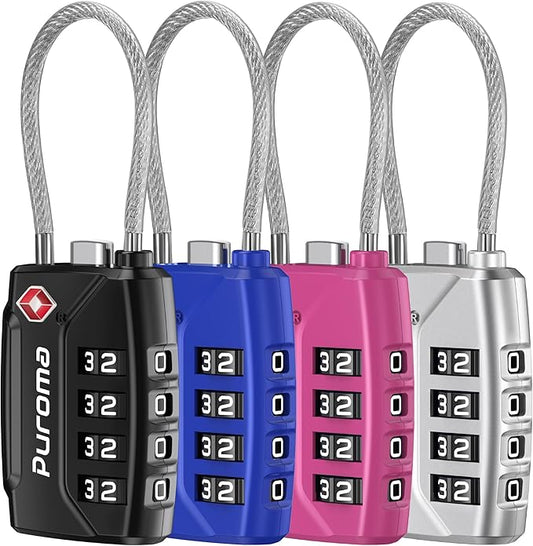 Puroma TSA Approved Luggage Lock, Multicolor 4 Digit Combination Travel Locks Resettable Code Lock with Zinc Alloy Body for Suitcase, Backpack, Bag, Gym Locker (Black,Blue,Silver,Red-Violet)