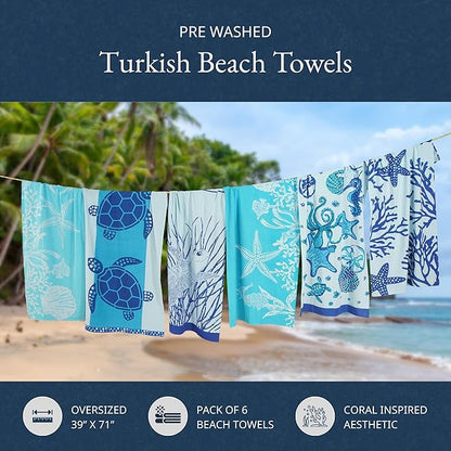 LANE LINEN Beach Towels 6 Pack, Oversized Pre-Washed Large Stylish Pool Towels for Adults, Quick Dry Lightweight Travel Towel, 39"x71" - Coral Beach