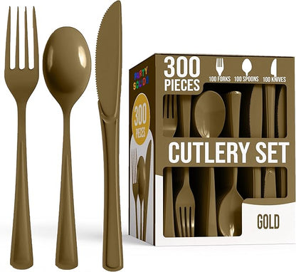 Gold Plastic Silverware Heavy Duty 300 Pieces Gold Disposable Silverware Heavy Duty, Utensil Sets, 100 Of Each Forks, Knives & Spoons Disposable Cutlery Set For Party Supplies