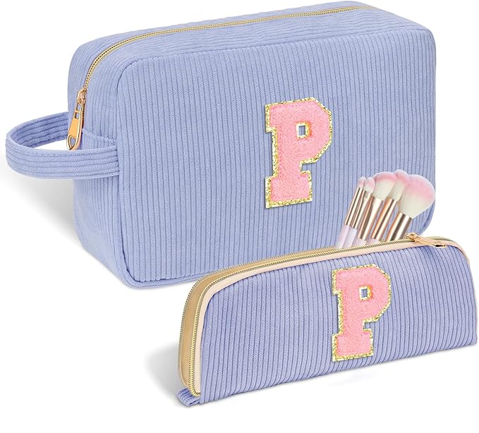 Personalized Initial Makeup Bag Trendy Stuff Corduroy Cosmetic Bag Travel Toiletry Bag, Christmas/Thanksgiving/Halloween Gifts Makeup Organizer Case for Women Girls Mom Girlfriend Wife - Blue
