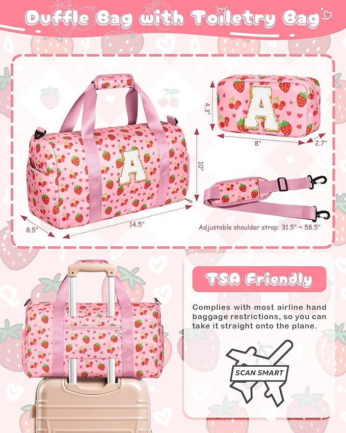 Cute Gifts for Girls, Travel Duffle Bag for Kids, Initial Overnight Sleepover Weekender Bag with Toiletry Bag, Birthday Christmas Gift Ideas for 4-8, 8-12, 13-16 Year Old Girls, Trendy Stuff