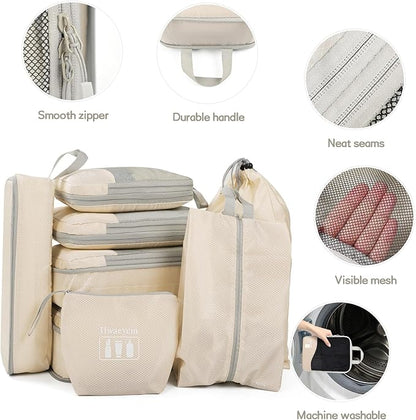 Compression Packing Cubes 8 Set, Dual Zipper Compression Packing Cubes for Travel, See-Through Mesh Packing Bags for Suitcases, packing cubes with shoe bag (Beige)