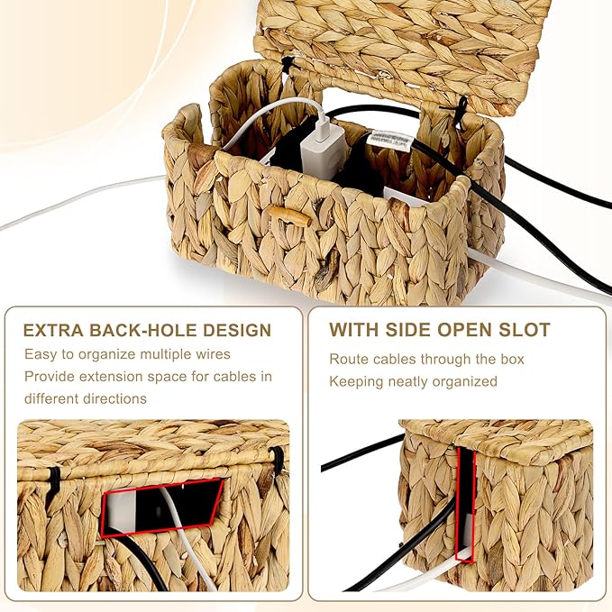 BTSKY Woven Cable Management Box with Lid, Water Hyacinth Cord Organizer for Desk, Cable Organizer Box with 2-Open Slots to Hide Power Strips USB Hubs for Home & Office, Pet Proofing Cord Basket, S