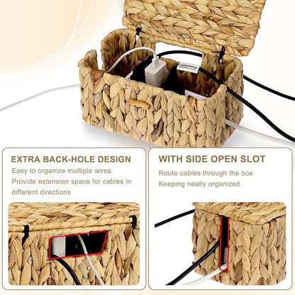 BTSKY Woven Cable Management Box with Lid, Water Hyacinth Cord Organizer for Desk, Cable Organizer Box with 2-Open Slots to Hide Power Strips USB Hubs for Home & Office, Pet Proofing Cord Basket, S