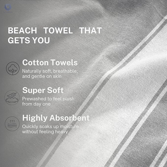 Cotton Turkish Beach Towel Towels Oversized 36"x72" Pool Absorbent Extra Large Quick Dry Sand Travel Towel (Grey, 4 Pack)