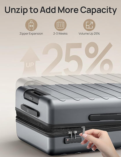 NINETYGO Medium Checked Luggage 24 Inch, Checking In Luggage with Smooth Spinner Wheels, Expandable, Hard Shell PC Suitcase, Lightweight Travel Luggage, TSA Approved (Grey, Rhine Max)