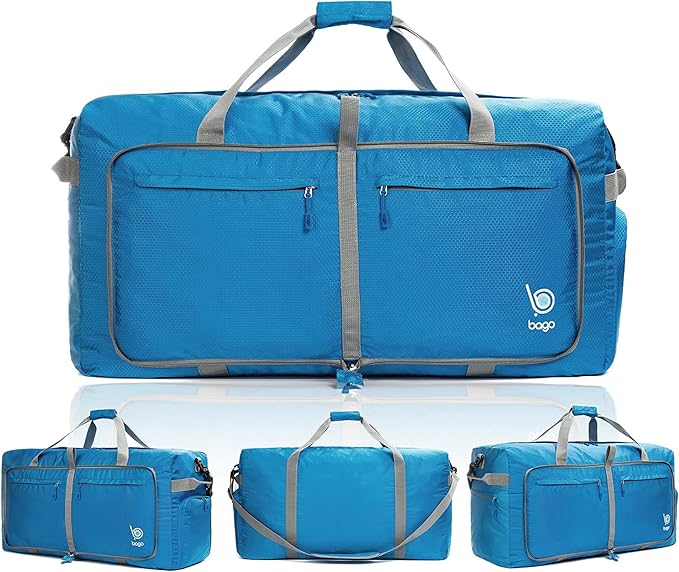 Bago Large Foldable Duffel Bags for Traveling Women & Men - 100L Packable Duffle Bag for Travel with Shoe Compartment - Water Repellant, Heavy Duty, Lightweight Folding & Collapsible (Blue)