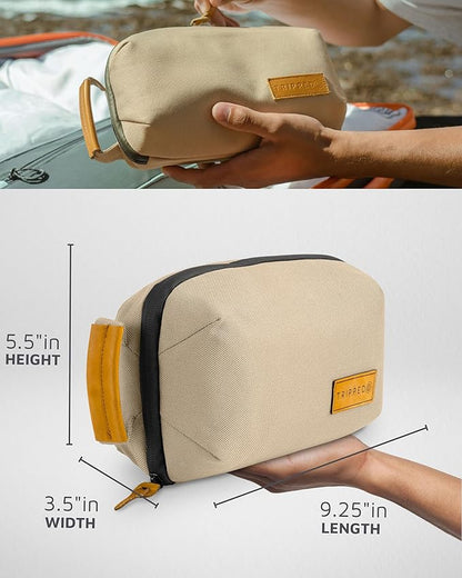 Tech Bag Organizer - Small Electronics Organizer Pouch for Travel - Premium Travel Case with Leather Accents - Mesh Pocket for Cables, Cords and Chargers (Tan)