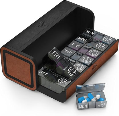 Pill Organizer Weekly, 2 Times a Day for 7-Day Leather Medicine Box Travel Container Vitamin Am Pm Pill Case, Twice Daily Privacy Pill Holder, Modern and Portable Pillbox (Black and Brown)
