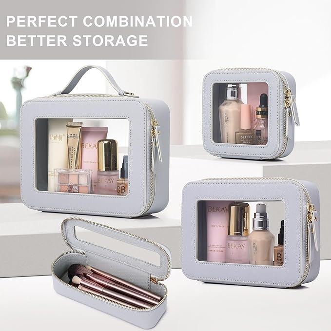 Pinkmik Travel Clear Makeup Bag with Brush Case TSA Approved Toiletry Bag Waterproof Cosmetic Organizer with Zipper Car Essential for Women (Gray, M+SLIM)