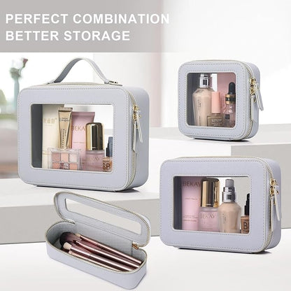 Pinkmik Travel Clear Makeup Bag with Brush Case TSA Approved Toiletry Bag Waterproof Cosmetic Organizer with Zipper Car Essential for Women (Gray, M+SLIM)